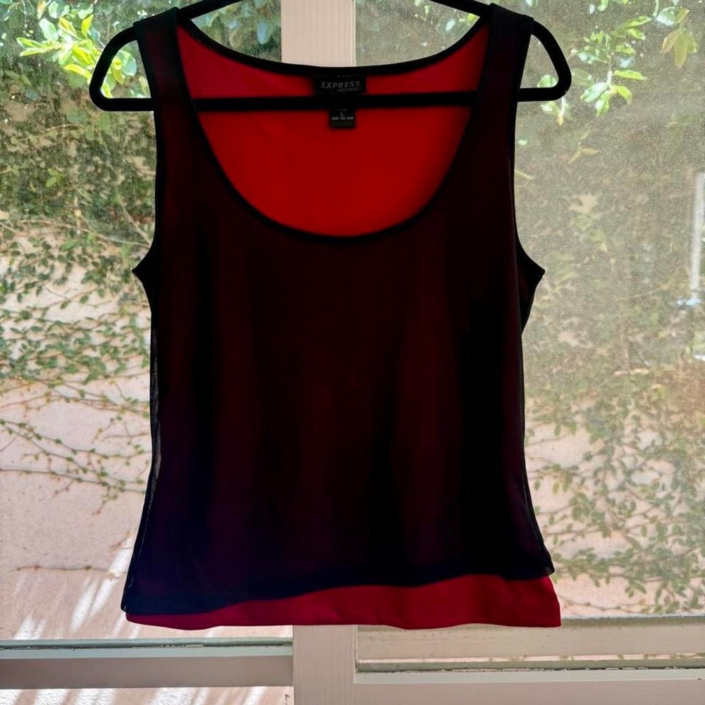 Vintage 90s Y2K Grunge Goth Black & Red Mesh OverlayTank Top